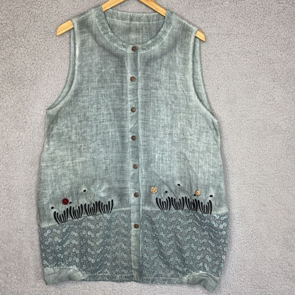 Linen Lagenlook Cottagecore Size XL Ombre Green Floral Tunic Button Front Top